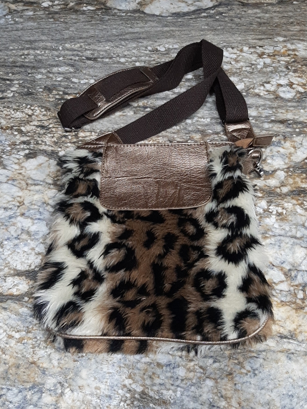 Faux Fur Leopard print Crossbody bag featuring a rose gold metallic vegan trim